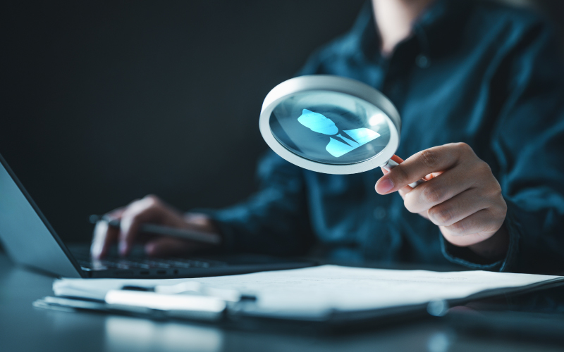 ecruiter che esamina un profilo professionale stilizzato attraverso una lente d'ingrandimento luminosa davanti a un computer.