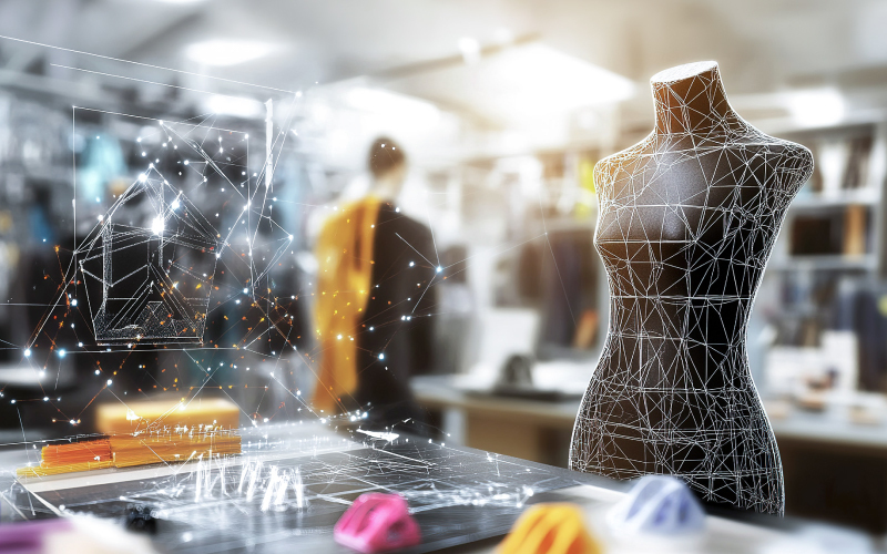 Dagli algoritmi all alta sartoria_ l impatto dell AI generativa nel business del lusso Manichino sartoriale con elementi digitali e grafica tecnologica, immagine sull’uso dell’AI generativa nel settore del lusso